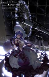Rule 34 | 1girl, absurdres, arknights, astesia (arknights), black dress, black gloves, black ribbon, blue dress, blue eyes, blue hair, breasts, capelet, clear sky, cleavage, closed mouth, commentary request, criss-cross suspenders, dress, dress straps, english text, evening, feathers, ferris wheel, frilled dress, frills, gloves, hair between eyes, hair intakes, hat, highres, holding, holding feather, indoors, large breasts, long hair, medium breasts, night, night sky, puffy short sleeves, puffy sleeves, ribbon, short sleeves, skirt, sky, smile, solo, star (sky), starry sky, strap, surin (65889544), telescope, text background, two-tone dress, white hat, window