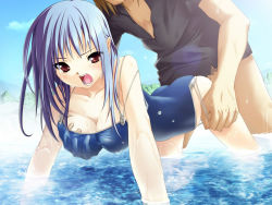 Rule 34 | 1boy, 1girl, all fours, arm support, artist request, bent over, blue hair, blush, breasts, brown eyes, censored, character request, cleavage, clothed sex, collarbone, doggystyle, game cg, grabbing, grabbing another&#039;s breast, head out of frame, hetero, one-piece swimsuit, open mouth, rape, school swimsuit, sex, sex from behind, sky, swimsuit, tears, tongue, wading, water, wet