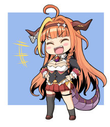 Rule 34 | 1girl, ahoge, blonde hair, blunt bangs, blush stickers, bow, breasts, chibi, cleavage, cleavage cutout, closed eyes, clothing cutout, commentary request, diagonal-striped bow, dragon tail, hair intakes, hands on own hips, haniwa (leaf garden), headband, highres, hololive, horn ornament, horn ribbon, horns, kiryu coco, kiryu coco (1st costume), long hair, long sleeves, multicolored hair, open mouth, orange hair, pleated skirt, ribbon, single sock, single thighhigh, skirt, smile, socks, solo, standing, streaked hair, tail, thigh strap, thighhighs, virtual youtuber