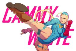 Rule 34 | 1girl, blonde hair, boots, breasts, cammy white, fingerless gloves, gloves, hat, highres, kicking, large breasts, leotard, long hair, long sleeves, medium breasts, muscular, muscular female, sheep shin, solo, standing, standing on one leg, street fighter, street fighter zero (series)