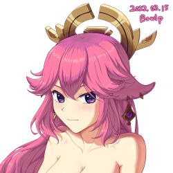 Rule 34 | 1girl, animal ears, artist name, blush, bowlp, breasts, cleavage, collarbone, commentary request, dated, fox ears, genshin impact, highres, long hair, looking at viewer, medium breasts, nude, pink hair, portrait, purple eyes, signature, simple background, smile, solo, white background, yae miko