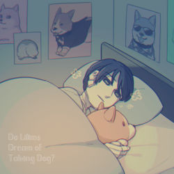 Rule 34 | 1boy, android, bed, black eyes, black hair, comforter, deal (va-11 hall-a), english text, lying, male focus, meme, on side, poster (object), solo, stuffed animal, stuffed toy, under covers, va-11 hall-a, welsh corgi, y (35504109)