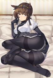 Rule 34 | 10s, 1girl, anchor symbol, antenna hair, ass, bad anatomy, bad id, bad pixiv id, black gloves, black pantyhose, black ribbon, black skirt, blouse, breasts, brown eyes, brown hair, closed mouth, covering privates, covering ass, eyebrows, feet, finger to face, from below, frown, gloves, hairband, hatsuzuki (kancolle), highres, kantai collection, looking at viewer, lying, medium breasts, miniskirt, no shoes, on side, panties, panties over pantyhose, pantyhose, pillow, pleated skirt, poorly drawn, puffy short sleeves, puffy sleeves, ribbon, school uniform, serafuku, shirokuma a, shirt, short hair, short sleeves, skirt, soles, solo, thighband pantyhose, thighs, toes, turtleneck, underbust, underwear, upskirt, white panties, white shirt, wide hips