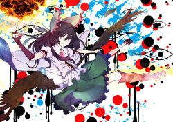 Rule 34 | 1girl, abstract, black hair, blouse, bow, cape, dots, falling, female focus, fire, flare, frills, gloves, leg armor, long hair, low wings, nmaaaaa, no socks, red eyes, reiuji utsuho, shirt, skirt, smile, solo, touhou, wings