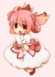Rule 34 | 10s, 1girl, :o, ahoge, blush, bow, bubble skirt, chibi, dress, full body, gloves, hair ribbon, kaname madoka, kofa (ikyurima), lowres, magical girl, mahou shoujo madoka magica, mahou shoujo madoka magica (anime), multicolored hair, open mouth, orange hair, pink hair, red eyes, ribbon, shoes, short hair, short twintails, simple background, skirt, solo, twintails