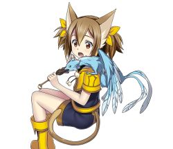 Rule 34 | 1girl, animal ears, black shorts, boots, brown eyes, brown hair, cat ears, cat tail, dragon on shoulder, eating, food, hair ribbon, holding, holding food, invisible chair, long hair, looking at viewer, mini dragon, multiple tails, open mouth, pina (sao), ribbon, short twintails, shorts, silica, silica (sao-alo), sitting, solo, sword art online, tail, transparent background, twintails, two tails, yellow footwear, yellow ribbon