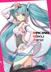 Rule 34 | 1girl, aqua hair, ass, black thighhighs, blue eyes, breasts, character name, detached sleeves, fingerless gloves, gloves, goodsmile racing, hair ornament, hatsune miku, headset, high heels, highres, juliet sleeves, long hair, long sleeves, looking at viewer, one eye closed, puffy sleeves, race queen, racing miku, racing miku (2012), salute, see-through, senri gan, shirt, short shorts, shorts, shorts under skirt, skirt, smile, solo, thighhighs, twintails, very long hair, vocaloid, white gloves, wink, zettai ryouiki