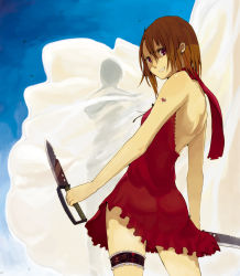 Rule 34 | 1girl, ass, brown hair, dress, dual wielding, from behind, grin, heart, holding, hrd, knife, bridal garter, legband, looking back, original, red dress, red eyes, red skirt, red theme, scarf, short hair, skirt, smile, solo, tattoo, weapon