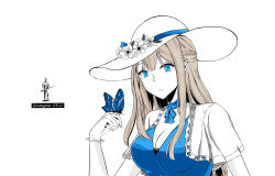 Rule 34 | 1girl, 2661789381, absurdres, blue dress, blue eyes, braid, breasts, bug, butterfly, butterfly on hand, character name, cleavage, dress, flower, hat, highres, insect, insignia, lexington (warship girls r), platinum blonde hair, saratoga (warship girls r), smile, solo, uss lexington (cv-2), warship girls r, white background, white hat