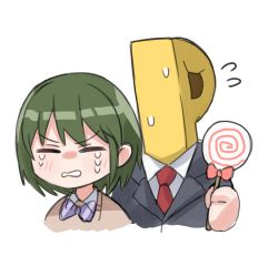 Rule 34 | 1boy, 1girl, absurdres, angry, bad id, bad twitter id, black jacket, blouse, blush stickers, bow, bowtie, brown vest, business suit, candy, clenched teeth, closed eyes, commentary, crying, flying sweatdrops, food, formal, gakuto 96, green hair, hand up, highres, holding, holding candy, holding food, holding lollipop, idolmaster, idolmaster shiny colors, jacket, lollipop, long sleeves, nanakusa nichika, necktie, p-head producer, producer (idolmaster), purple bow, purple bowtie, red necktie, shirt, short hair, suit, sweat, symbol-only commentary, teeth, upper body, v-shaped eyebrows, vest, white shirt