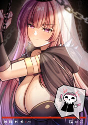 Rule 34 | 1girl, blush, breasts, cape, chain, cleavage, deadbeat (calliope mori), guardian-panda, hololive, hololive english, large breasts, livestream, long hair, looking at viewer, mori calliope, pink eyes, pink hair, restrained, skull, sweat, veil, virtual youtuber, youtube