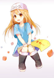 Rule 34 | 10s, 1girl, :d, absurdres, black footwear, blonde hair, blue shirt, boots, brown eyes, character name, flag, floating hair, full body, hair between eyes, hat, hataraku saibou, highres, holding, holding flag, long hair, looking at viewer, open mouth, platelet (hataraku saibou), shirt, short sleeves, shorts, simple background, smile, solo, tsukasa (pixiv34617881), white background, white hat, yellow shorts
