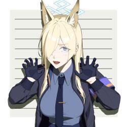 Rule 34 | 1girl, absurdres, animal ear fluff, animal ears, black gloves, black jacket, black necktie, blonde hair, blue archive, blue eyes, blue shirt, breasts, claw pose, collared shirt, gloves, hair over one eye, height mark, highres, jacket, kanna (blue archive), large breasts, long hair, looking at viewer, necktie, notched ear, open clothes, open jacket, open mouth, sharp teeth, shirt, simple background, solo, teeth, upper body, yoroshinbo