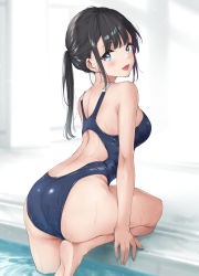 Rule 34 | 1girl, ass, bare shoulders, black eyes, black hair, blush, breasts, competition swimsuit, highres, huge ass, large breasts, long hair, looking at viewer, one-piece swimsuit, open mouth, original, pool, poolside, sidelocks, smile, solo, swimsuit, thighs, wet, wing (aiastor)