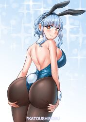 Rule 34 | 1girl, absurdres, alternate costume, artist name, ass, ass focus, ass grab, bare shoulders, blue hair, blush, breasts, come hither, deep skin, fire emblem, fire emblem: three houses, from behind, hair bun, highres, huge ass, katou shinobu, large breasts, leotard, looking at viewer, looking back, marianne von edmund, naughty face, nintendo, pantyhose, playboy bunny, rabbit ears, rabbit tail, red eyes, short hair with long locks, sideboob, smile, tail, thong leotard, wrist cuffs