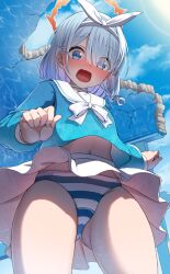 Rule 34 | 1girl, ako suke, arona (blue archive), blue archive, blue eyes, blue hair, bow, hair bow, highres, looking at viewer, open mouth, panties, short hair, solo, striped clothes, striped panties, underwear