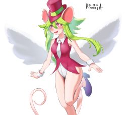 Rule 34 | 1girl, :d, animal ears, blush stickers, breasts, green hair, hair between eyes, hat, heart, heart tail, highres, leotard, looking at viewer, mad rat dead, medium breasts, mouse (animal), mouse ears, mouse girl, mouse tail, necktie, nippon ichi, open mouth, rat god, red eyes, ryoung a, simple background, smile, solo, tail, top hat, white background, wings, wrist cuffs