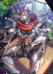 Rule 34 | 1boy, algernon (housamo), armor, colored sclera, dai-xt, day, forest, gloves, helmet, highres, male focus, muscular, nature, navel, outdoors, over shoulder, red eyes, red scarf, scarf, signature, sitting, solo, tokyo houkago summoners, yellow sclera