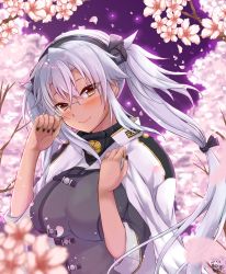 Rule 34 | 1girl, black gloves, black nails, blush, breasts, cherry blossoms, closed mouth, coat, collar, dark-skinned female, dark skin, dated, day, glasses, gloves, grey jacket, headgear, highres, jacket, jacket on shoulders, jewelry, kantai collection, large breasts, long hair, looking at viewer, mashiro yukiya, metal collar, musashi (kancolle), musashi kai ni (kancolle), nail polish, outdoors, partially fingerless gloves, purple background, red eyes, ring, sidelocks, silver hair, smile, solo, standing, twintails, upper body, very long hair, white coat