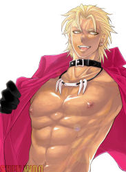 Rule 34 | 1boy, abs, blonde hair, collar, earrings, gloves, jacket, jewelry, male focus, muscular, necklace, open clothes, open shirt, shen woo, shirt, short hair, solo, the king of fighters, white background