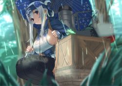 Rule 34 | 1girl, ainu, ainu clothes, bandages, bandana, blue eyes, breasts, crate, cropped jacket, dress, floral print, flower, folded ponytail, forest, hair between eyes, hair flower, hair ornament, headband, highres, kamoi (kancolle), kantai collection, long sleeves, looking at viewer, machinery, nature, oil-paper umbrella, rain, sideboob, sidelocks, sleeveless, sleeveless dress, thick eyebrows, thighhighs, tsuuhan, umbrella, water drop, white dress, white hair, wrist guards