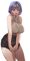 Rule 34 | 1girl, black skirt, blouse, blue hair, blush, bow (bhp), clothes pull, covering privates, covering crotch, d:, embarrassed, gradient hair, grey shirt, medium hair, miniskirt, multicolored hair, open mouth, original, panties, pulled by self, purple hair, see-through, see-through skirt, shirt, simple background, skirt, skirt pull, sleeveless, sleeveless shirt, solo, standing, tears, underwear, white background, white panties, yellow eyes