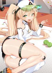 Rule 34 | 1girl, alcoholrang, ass, azur lane, bache (azur lane), bache (showy sports star) (azur lane), ball, bare shoulders, black thighhighs, blonde hair, blush, breasts, covered erect nipples, detached sleeves, dress, highres, long hair, looking at viewer, lying, medium breasts, on side, open mouth, panties, single thighhigh, skindentation, smile, solo, sportswear, tennis ball, tennis uniform, thigh strap, thighhighs, thighs, twintails, underwear, very long hair, visor cap, white panties, white thighhighs, yellow eyes
