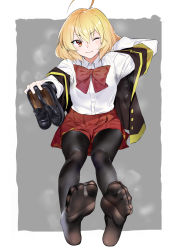 Rule 34 | 1girl, absurdres, ahoge, armpits, blonde hair, feet, highres, holding, holding shoes, loafers, looking at viewer, medium hair, one eye closed, pantyhose, presenting, red eyes, red ribbon, red skirt, ribbon, shoes, unworn shoes, skirt, smell, soles, steam, sweat, sweat stain, toes