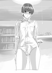 Rule 34 | 1boy, androgynous, blush, bookshelf, bulge, buttons, collared shirt, cowboy shot, embarrassed, erection, erection under clothes, kunami himehiko, lamp, legs, long sleeves, looking at viewer, male focus, monochrome, no pants, original, panties, penis, penis in panties, pocket, shirt, short hair, sketch, solo, standing, sweatdrop, testicles, thighs, trap, underwear, wide hips