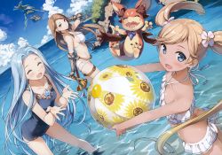 Rule 34 | 10s, 3girls, :d, ^ ^, absurdres, aircraft, airship, arm up, ass, ball, beachball, belt, bikini, bikini skirt, blue eyes, blue one-piece swimsuit, breasts, brown eyes, butt crack, closed eyes, day, earrings, flower, gauntlets, granblue fantasy, hair flower, hair ornament, highres, huge filesize, io (granblue fantasy), io (summer) (granblue fantasy), jewelry, kantoku, katalina (granblue fantasy), light brown hair, long hair, lyria (granblue fantasy), medium breasts, multiple girls, one-piece swimsuit, open mouth, outdoors, scan, small breasts, smile, strap gap, swimsuit, sword, thigh strap, very long hair, vyrn (granblue fantasy), wading, weapon, white bikini