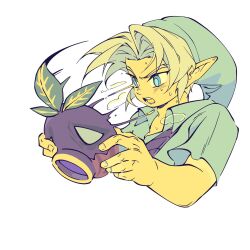 1boy blonde_hair blue_eyes deku_mask hat highres link nintendo open_mouth pointy_ears removing_mask solo the_legend_of_zelda the_legend_of_zelda:_majora&#039;s_mask tsunamio7 tunic upper_body white_background