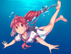 Rule 34 | 10s, 1girl, ahoge, air bubble, barefoot, bubble, gradient hair, huge ahoge, i-168 (kancolle), i-58 (kancolle), kantai collection, legs, long hair, long legs, low-tied long hair, multicolored hair, outstretched arms, pink eyes, pink hair, ponytail, school swimsuit, school uniform, serafuku, smile, soles, solo, spread arms, swimming, swimsuit, underwater, yukimura tsubame