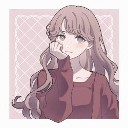Rule 34 | 1girl, blush, border, brown background, brown eyes, brown hair, closed mouth, collarbone, commentary, grid background, hand on own cheek, hand on own face, hand up, highres, light smile, long hair, long sleeves, looking at viewer, nahara saki, original, outside border, red sweater, solo, sweater, upper body, wavy hair, white border
