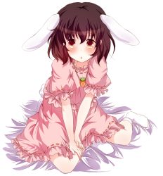 Rule 34 | 1girl, animal ears, bad id, bad pixiv id, black hair, carrot, carrot necklace, female focus, full body, inaba tewi, jewelry, necklace, own hands together, rabbit ears, short hair, sitting, socks, solo, touhou, white background, yatomi