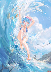 Rule 34 | 1girl, ;d, armpits, arms up, artist name, atdan, bare legs, barefoot, barefoot sandals (jewelry), bikini, bird, blue bikini, blue eyes, blue hair, blue sky, blush, bottomless, breasts, breasts apart, cleavage, clownfish, commentary, day, english commentary, expressive clothes, fish, full body, haiyi, halterneck, hand on headwear, hat, highres, jewelry, large breasts, liquid clothes, necklace, one eye closed, open mouth, outdoors, pink hat, rock, sea turtle, seagull, see-through, sky, smile, solo, swimsuit, synthesizer v, turtle, water, waving
