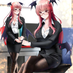 Rule 34 | 1girl, bat wings, bespectacled, black bra, black jacket, black pantyhose, black skirt, blush, book, bra, bra peek, breasts, chair, cleavage, collarbone, commentary request, computer, cowboy shot, crossed legs, desk, dress shirt, glasses, head wings, holding, holding book, jacket, koakuma, laptop, large breasts, light particles, light smile, looking down, looking to the side, low wings, miniskirt, multiple views, office chair, office lady, pantyhose, pencil skirt, pointy ears, red-framed eyewear, red eyes, red hair, shirt, sidelocks, sitting, skirt, standing, swivel chair, touhou, underwear, watson cross, white shirt, wings, yumi (careca398)