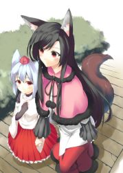 Rule 34 | 2girls, aino-san (miximixi39), albino, animal ears, bad id, bad pixiv id, black gloves, black hair, blush, capelet, dress, eye contact, from above, gloves, holding hands, hat, highres, imaizumi kagerou, inubashiri momiji, layered dress, long hair, long sleeves, looking at another, multiple girls, pom pom (clothes), red eyes, shirt, short hair, skirt, smile, tail, tokin hat, touhou, turtleneck, white hair, wide sleeves, wolf ears, wolf tail