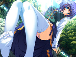 Rule 34 | 1girl, aqua eyes, blue hair, blush, dutch angle, engage links, feet, foot focus, forest, game cg, garter straps, helen (engage links), highres, long sleeves, nature, panties, pink panties, short hair, sitting, soles, solo, thighhighs, underwear, white thighhighs