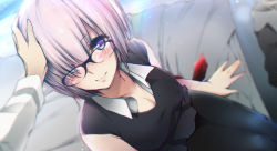 Rule 34 | 1girl, absurdres, bad id, bad pixiv id, bed, bed sheet, black-framed eyewear, black dress, black pantyhose, blush, breasts, cleavage, closed mouth, dress, fate/grand order, fate (series), from above, glasses, hand on another&#039;s head, headpat, highres, kappipe (brd0520), light particles, long sleeves, looking at viewer, looking up, mash kyrielight, medium breasts, on bed, pantyhose, pink hair, pov, purple eyes, short hair, sitting, sleeveless, sleeveless dress, smile, solo focus, tareme