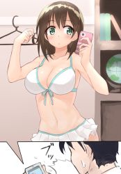 Rule 34 | 1boy, 1girl, bare arms, bare shoulders, bikini, blush, bra, breasts, brown hair, camera phone, cellphone, chestnut mouth, cleavage, commentary request, front-tie bikini top, front-tie top, green eyes, highres, large breasts, looking at viewer, navel, original, phone, selfie, shunichi, smartphone, sweatdrop, swimsuit, taking picture, underwear