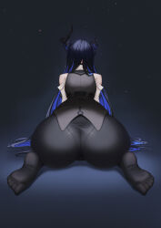 Rule 34 | 1girl, absurdres, ass, ass focus, asymmetrical horns, back, bare shoulders, black background, black hair, black horns, black panties, black pantyhose, black vest, blue hair, broken horn, clothing cutout, colored inner hair, demon girl, demon horns, faceless, faceless female, facing away, feet, foot focus, from behind, hair ornament, highres, hololive, hololive english, horns, huge ass, kneeling, long hair, multicolored hair, nerissa ravencroft, nerissa ravencroft (1st costume), oakproud, panties, panties under pantyhose, pantyhose, presenting, shoulder cutout, soles, solo, straight hair, thick thighs, thighs, toes, twitter, two-tone hair, underwear, uneven horns, vest, virtual youtuber