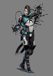 Rule 34 | 1girl, absurdres, apex legends, black bodysuit, black eyeliner, blue eyes, blue hair, blue lips, bodysuit, breasts, cable, catalyst (apex legends), commentary, english commentary, eyeliner, full body, grey background, highres, liquid, looking at viewer, makeup, multicolored hair, official art, open hands, realistic, shadow, short hair, small breasts, smile, solo, soojung lee, streaked hair, walking