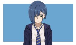Rule 34 | 1girl, asymmetrical hair, averting eyes, black hoodie, blue background, blue hair, blue necktie, blunt ends, bob cut, border, breasts, closed mouth, collarbone, collared shirt, commentary, darling in the franxx, diagonal-striped clothes, diagonal-striped necktie, dress shirt, green eyes, hair ornament, hair over one eye, hairclip, hood, hood down, hoodie, ichigo (darling in the franxx), looking down, loose necktie, muyu (892779517), necktie, outside border, sad, shirt, short hair, simple background, small breasts, solo, striped clothes, swept bangs, upper body, white border, white shirt, yellow necktie