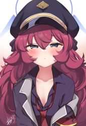 Rule 34 | 1girl, armband, black coat, black eyes, black ribbon, black shirt, blue archive, blush, closed mouth, coat, commentary request, emirio (emirio110), hair between eyes, hair ribbon, halo, hat, highres, iroha (blue archive), long hair, looking at viewer, necktie, off shoulder, red hair, red necktie, ribbon, shirt, signature, simple background, solo, upper body, very long hair, white background