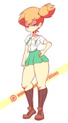 Rule 34 | 1girl, alternate costume, animated, animated gif, artist name, black socks, blue eyes, blush, breasts, brown footwear, cleft of venus, clothes lift, collarbone, creatures (company), diives, female focus, full body, game freak, green necktie, green skirt, hair tie, half-closed eyes, hand on own hip, hand to own mouth, hand up, kneehighs, lifted by self, looking at viewer, misty (pokemon), navel, necktie, nintendo, no panties, open mouth, orange hair, patreon logo, pokemon, pokemon rgby, ponytail, pussy, school uniform, shirt, shoes, short hair, short sleeves, side ponytail, simple background, skirt, skirt lift, small breasts, socks, solo, standing, teeth, text focus, uncensored, undone necktie, watermark, web address, white background, white shirt