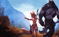 Rule 34 | 1boy, 1girl, abs, animal ears, armlet, artist name, axe, backlighting, belt, blue eyes, body fur, braid, cleft of venus, couple, day, earrings, einar (personal ami), fantasy, flat chest, flintstone, forest, fox ears, fox tail, furry, furry male, furry with non-furry, gluteal fold, grey fur, height difference, hetero, highres, holding, holding axe, interspecies, jewelry, khiara (personal ami), light brown hair, long tail, mountain, muscular, muscular male, nature, necklace, nude, orange eyes, original, outdoors, pendant, personal ami, petite, pointing, pointing forward, polearm, pussy, sheath, sheathed, shield, short hair, snout, spear, sword, tail, thick thighs, thighs, tooth necklace, topless male, tribal, uncensored, vambraces, walking, weapon, weapon on back, werewolf, wide hips, wolf ears, wooden shield