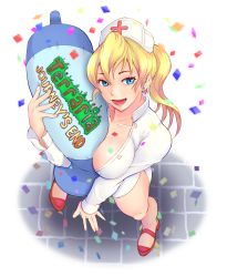 Rule 34 | 1girl, :d, between breasts, blonde hair, blue eyes, breasts, collarbone, commentary, confetti, fingernails, from above, hat, high heels, highres, jacket, large syringe, logo, looking at viewer, medaman, nurse, nurse (terraria), nurse cap, open mouth, oversized object, ponytail, pumps, red footwear, smile, solo, syringe, terraria, unbuttoned, unbuttoned shirt, white jacket