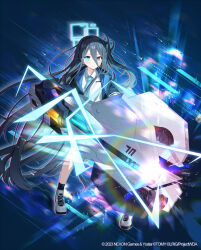 Rule 34 | 1girl, aqua eyes, aqua necktie, aris (blue archive), black hair, black socks, blue archive, closed mouth, coat, collared shirt, full body, hair between eyes, hairband, halo, holding, holding weapon, long hair, magnetic weapon, necktie, official art, one side up, open clothes, open coat, railgun, shirt, shoes, simple background, sneakers, socks, solo, very long hair, weapon, white footwear, wixoss, yon (letter)