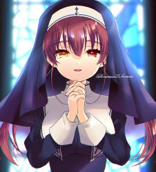 Rule 34 | 1girl, alternate costume, breasts, habit, heterochromia, highres, hololive, hololive fantasy, houshou marine, houshou marine (nun), interlocked fingers, kuuma25 kuma, large breasts, long hair, looking at viewer, nun, own hands clasped, own hands together, parted lips, red eyes, red hair, smile, traditional nun, twintails, twitter username, upper body, virtual youtuber, yellow eyes
