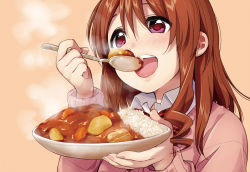 Rule 34 | 10s, 1girl, bow, bowtie, brown background, brown hair, collared shirt, curry, eating, food, hair between eyes, highres, kawai makoto, koufuku graffiti, long hair, machiko ryou, official art, open mouth, red bow, red bowtie, rice, shirt, simple background, solo, source request